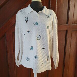 Vintage Alfred Dunner Quilted Floral Long Sleeve Polo Shirt XL